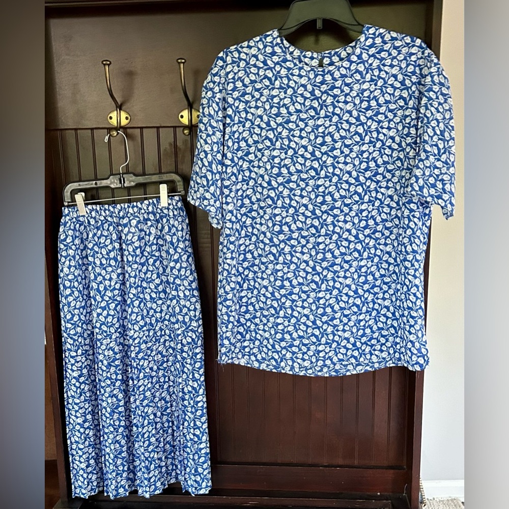 VTG Alison Peters Blue Micro Floral Print Midi Skirt Set Modest Cottage Retro 8 - Picture 4 of 15